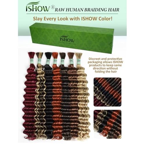 ISHOW Raw Human Braiding Hair, 100% Unprocessed Virgin Human Hair, 15A Deep Wave Boho Hair, 100g 16 Inch (2 Packs), NO.1 Premium Quality Boho Hair Producer, Long Lasting, Color 1B