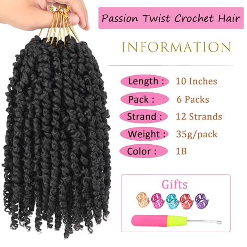 Passion Twist Crochet Hair 10 Inch 6 Packs Pre-Twisted, Pre-Looped, Wavy, Curly, Short Bohemian Crochet Braids Hair for Black Women, Kids & Girls (10 Inch,1B)