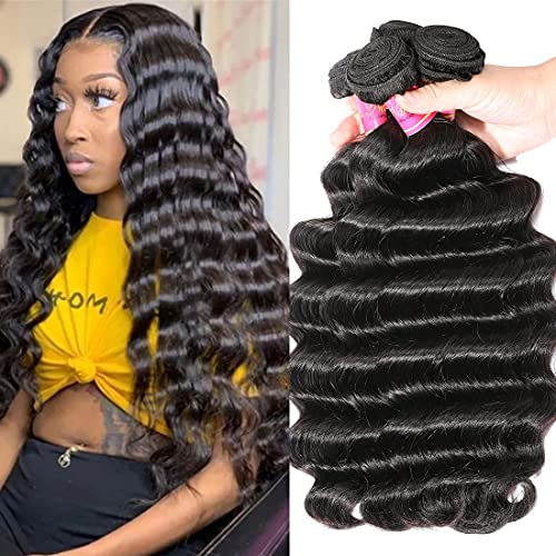 Nadula Brazilian Loose Deep Wave Hair 3 Bundles Human Hair, Unprocessed Virgin Loose Deep Hair Weave Extension Natural Color (16 18 20)