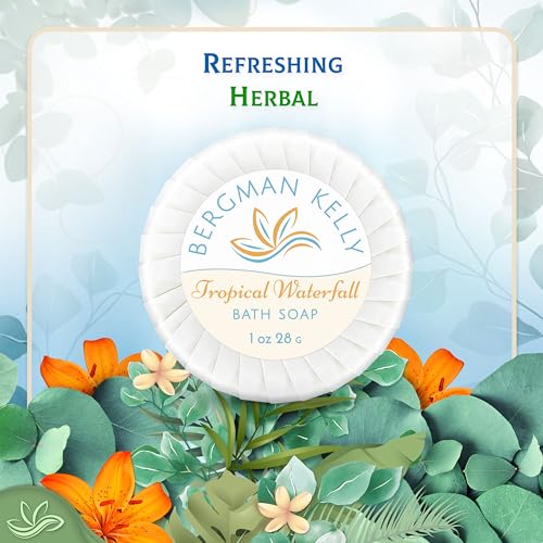 BERGMAN KELLY - Hotel Soap Bars in Bulk - Tropical Waterfall, 1 oz, 200 PK - Small Individually Wrapped Round Soap - Travel Size Mini Toiletries for Airbnb, Motel, Guest Bathroom