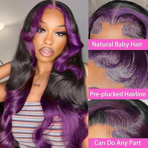 GOLDFINCH Skunk Stripe Wigs Human Hair Lace Front Purple Highlights Wig 13x4 HD Dark Burgundy Highlight Body Wave 150% Density Pre Plucked with Baby 24 Inch
