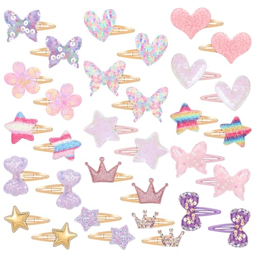 16 Pcs Hair Clips for Teens,Sparkly Metal Snap Barrettes, Cute Glitter Toddler Flower/Star/Crown/Heart/Butterfly Hair Accessory Multicolor Shaped Hair Accessories