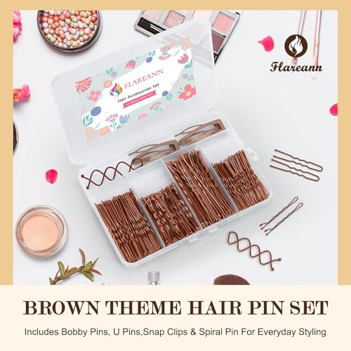 Bobby Pins Set Brown ? Hair Kit with U Shape Pins, Spiral Pin & Snap Clips, for Women & Girls, Ideal for Buns, Updos, Weddings & Parties