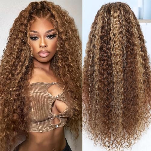 Hidden Strap 360 Water Wave 220% Density Honey Blonde Deep Curly Human Hair wig Ombre Deep Wave 4/27 Highlight Lace Front Wigs Pre Plucked Wet And Wavy Water Wave Wig for Women 18 Inch