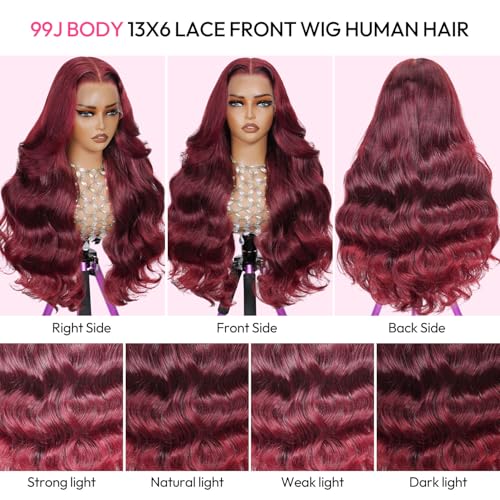 34 Inch 13x6 99j Burgundy Wig Human Hair 200 Density Hd Body Wave Lace Front Glueless Red Wigs Human Hair