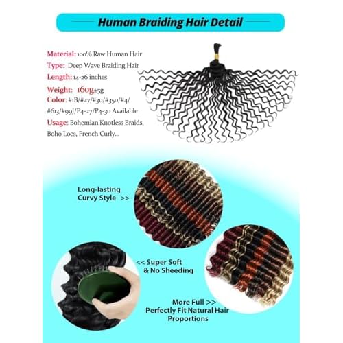12A 613 Blonde Human Braiding Hair for Boho Braids 5 Bundles 22 Inch 160g Deep Wave Braiding Hair for Bohemian Knotless Braids 100% Unprocessed Brazilian Virgin Bulk Hair Extensions No Weft