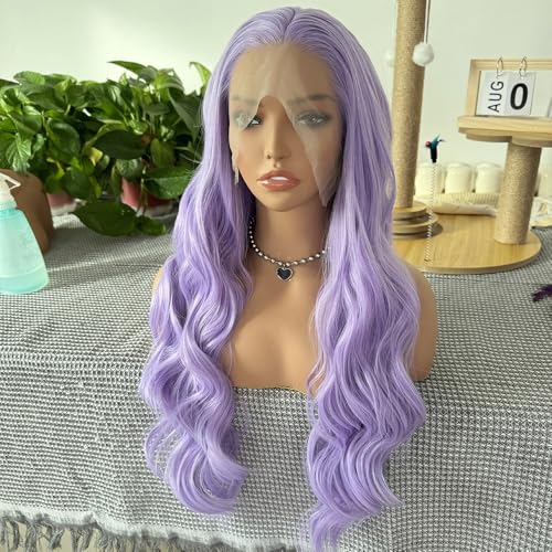 RONGDUOYI Lavender Body Wave Lace Front Wig Synthetic Hair For Women Ready To Wear Glueless Light Purple Wig Heat Resistnt Natural Hairline Long Hair Cosplay 24Inches
