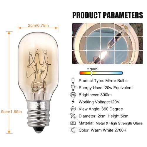 20W, 120V Incandescent Bulb Replacement, Suitable for Conair RP34B Illuminated Makeup Mirror, E12 Candle Holder Base, 2700K (20W 120V Bulb*2)