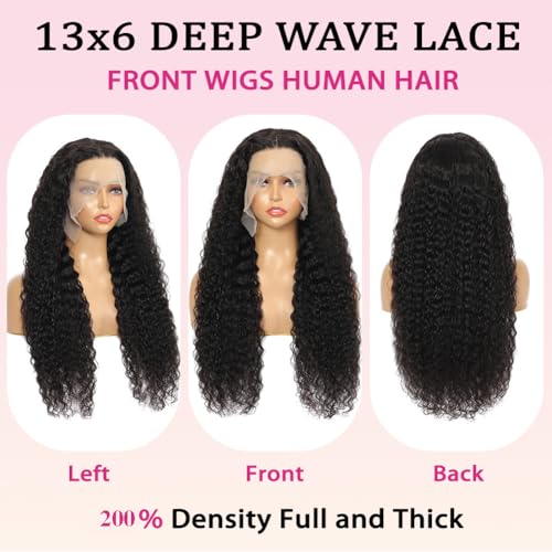 32 Inch Deep Wave Lace Front Wigs Human Hair Pre Plucked 13x6 Deep Wave HD Lace Frontal Wigs Human Hair Curly Wigs for Women 200% Density Deep Curly Glueless Wigs Human Hair with Baby Hair