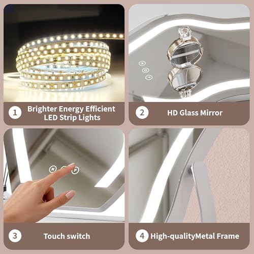 Cloud Shaped Makeup Mirror with Lights 17¡ȡ¿12.6¡È ? Smart Touch Control, 3-Color Dimmable Lighting, 360¡Æ Rotation, Memory, Plug-in AC Power, Tabletop Vanity Gift for Girls White