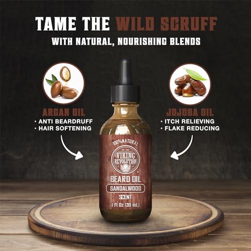 Viking Revolution Sandalwood Beard Oil for Men - Natural Mens Beard Oil with Argan Oil and Jojoba Oil - Beard Softener, Strengthens and Moisturizes - Beard Conditioner for Men (Sandalwood, 1 Pack)