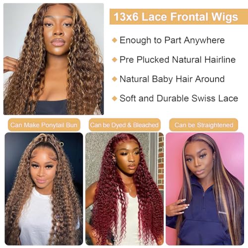 13x6 Highlight Lace Front Wigs Human Hair 30 Inch 4/27 Ombre Deep Wave Lace Front Wigs Human Hair Pre Plucked 180% Density Honey Blonde Curly Wigs