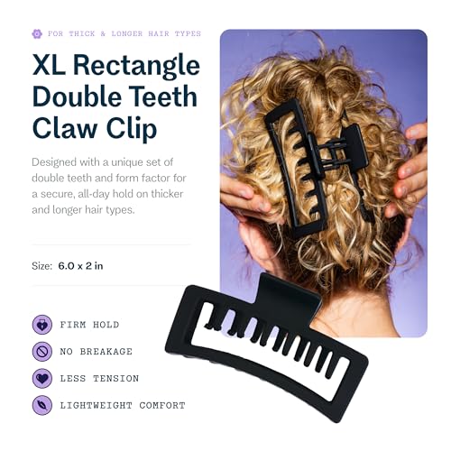 Gimme Beauty XL Rectangle Claw Clip Duo - Hair Clips with Velvet-Like Finish for All Hair Types - Non-Slip, Firm-Hold Daily Wear Accessory - Women¡¯s Claw Clip Set - Black