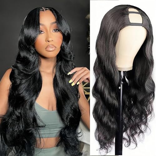U Part Human Hair Wig Body Wave Brazilian Virgin Hair Glueless Wigs Human Hair 180% density U Part Wig for Black Women Clip In U Part Wig Human Hair Extensions Natural Black Color 26