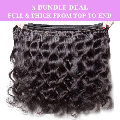 20 22 24 Inch Real Human Hair Bundles Body Wave 3 Bundles Unprocessed Natural Black Remy Body Wave Brazilian Virgin Cambodian Hair Wavy, 1b, No Tangle No Shedding, True to Length