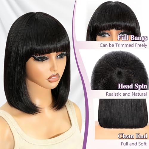 Bob Human Hair Wig with Bangs Silky Straight Glueless Wigs Human Hair 150% Density Black Bob Wig with Bangs None Lace Machine Made Wigs for Black Women 14Inch