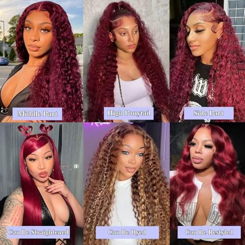 30 Inch 99j Burgundy Deep Wave Lace Front Wigs Human Hair 99j 13x6 HD Lace Front Wigs Human Hair 200 Density Glueless Deep Wave Wig Pre Plucked Red Colored Curly Wig for Women