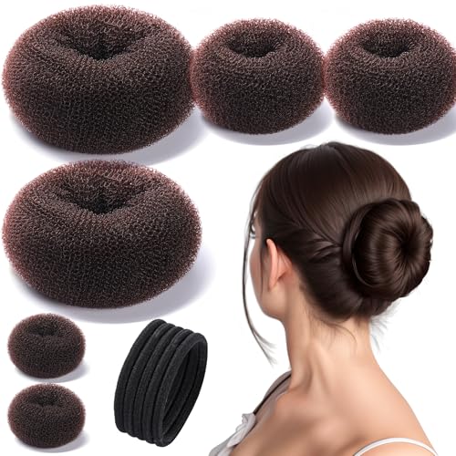 Teenitor Donut Hair Bun Maker Set, Hair Bun Shaper Set with Large, Medium, Small Hair Donuts For Buns, Hair Accessories For Girls, 5 Elastic Bands, Dark Brown