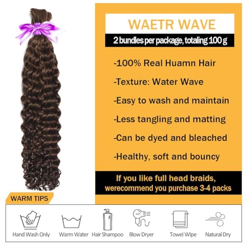 Miss Lee Human Braiding Hair for Boho Knotless Braids Bulk Curly Bundles Human Hair for Micro Braiding Wet and Wavy Water Wave No Weft Human Hair Extension for Box Boho Braids 100g (4#,16inch)