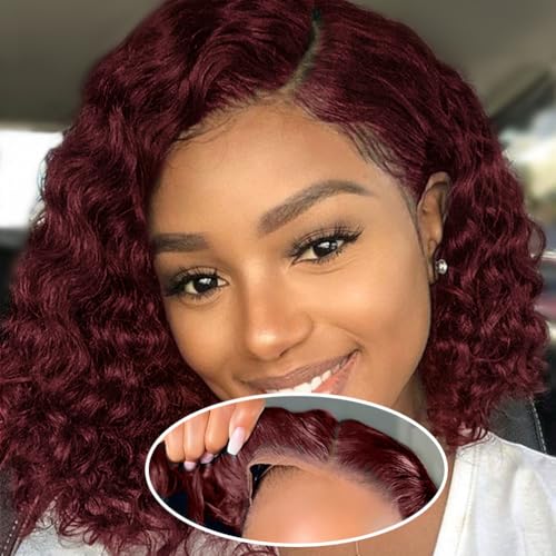 ISWEET HD Glueless Wigs Human Hair Pre Plucked Pre Cut Bob 4x4, 18 Inch Burgundy 210% Density Hairline Curly Bob Wig Human Hair, Wear and Go Deep Wave Lace Front Wigs Human Hair for Black Women