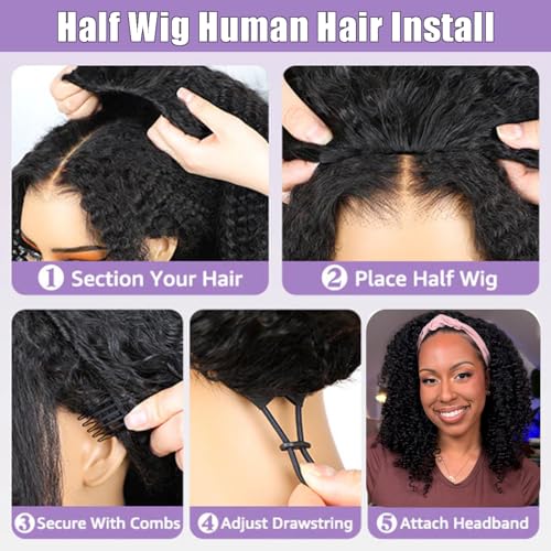 22 Inch Half Wig Human Hair 210 Density Kinky Curly Half Wig for Black Women 3 In 1 Seamless Flip Over Human Hair Half Wig Glueless Wear and Go Beginner Friendly Drawstring Headband Wig Human Hair