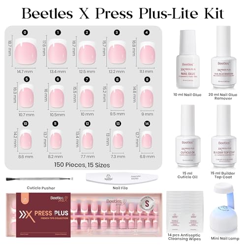 Beetles X Press Plus On Nails Kit-Short Square French Tip Press On Nails Kit with 150Pcs Pink French Nail Tips Nail Glue & Remover Builder Top Coat Nail Lamp,All-in-One DIY Fake Nails Gift for Women