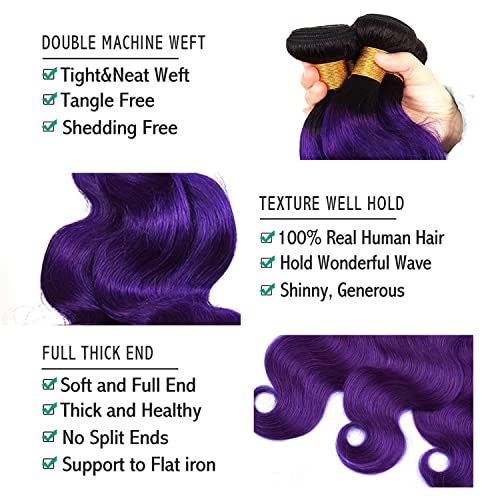 Purple Ombre Bundles with Closure Body Wave Human Hair Weave, Brazilian 3Bundles with Free Closure Virgin Remy Hair Ombre 1b/purple 2 Tone Wavy for Women (141618+12"closure, 1b/Purple)