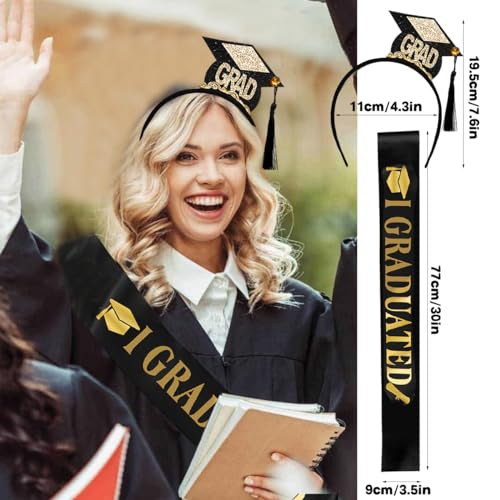 Graduation Headband and Shoulder Straps for Congrats Grad Party Supplies Bachelor Cap Headband with Doctoral Hat Black Sash Satin Tassels Tiaras for Graduation Party Dress up Favor Photo