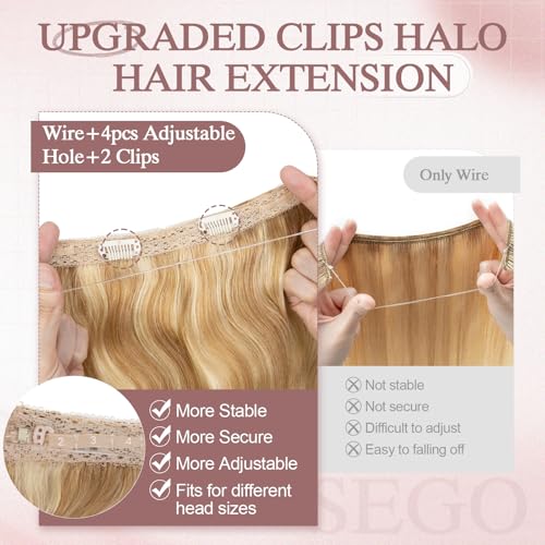 Halo Hair Extensions Real Human Hair Wavy Invisible Wire Hairpiece Adjustable One Piece With 2 Secure Clips For Women to Add Length,20 Inch 18P613 Gold Blonde Mixed Bleach Blonde,70g