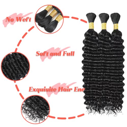 150g 28 Inch Boho Braids Human Hair Braiding Hair Deep Wave Bulk Human Hair for Braiding 3 Bundles No Weft Curly Braiding Hair for Boho Braids Human Hair Extensions Bulk Human Hair Braiding Hair