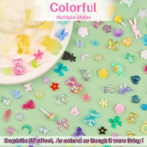 3D Resin Nail Charms Mix Rabbit Flower Bear Bowknot Nail Accessories Gummy Star Heart Lollipop Acrylic Hollow Heart Beads for Women's Manicure Making DIY Crafts(18 Charms)