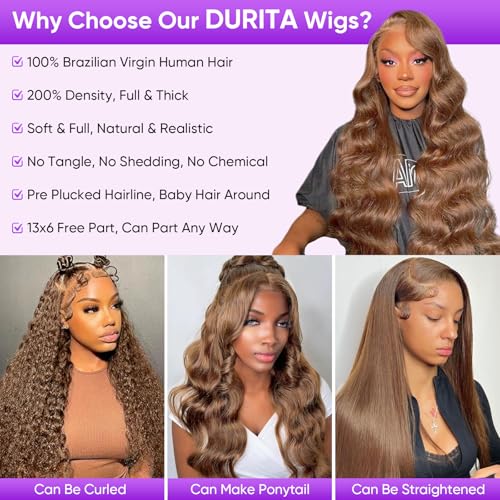 26 Inch Brown Body Wave Human Hair Wig Pre Plucked 13x6 HD Transparent Lace Frontal Wigs Human Hair 200% Density Glueless Brown Body Wave Lace Frontal Wigs for Women