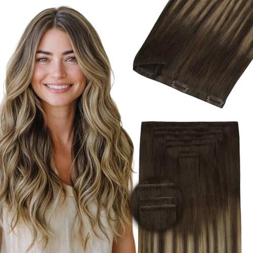 DOORES Invisible Clip in Hair Extensions 18 inch 110g 7pcs, Real Human Hair Invisi Edge Clip in Extensions, Virgin PU Clipins Straight Thickening Hairstyle, 4/27/4 Chocolate Brown to Caramel Blonde