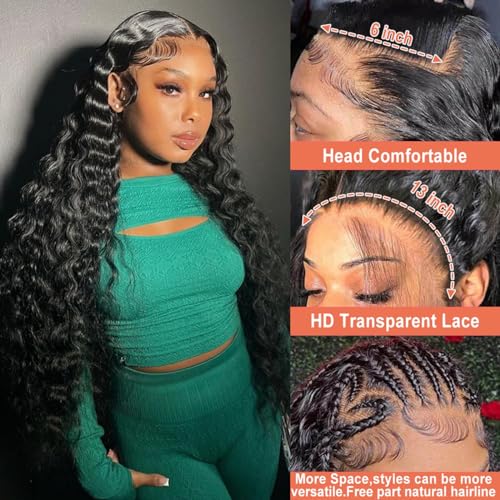 13x6 Deep Wave Lace Front Wigs Human Hair Glueless Wigs 200% Density HD Transparent Lace Front Wigs Pre Plucked Bleached Knots Curly Lace Front Wig 26 Inch