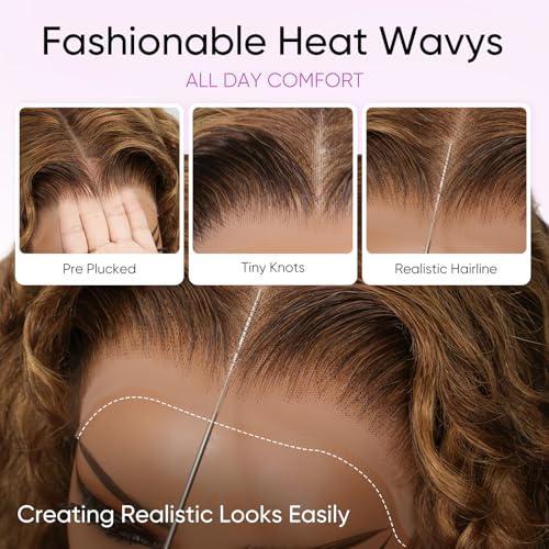 Honey Blonde Deep Wave Lace Front Wigs Human Hair 250% Density 13x6 Curly HD Transparent Ombre Lace Frontal Wigs Human Hair Wet and Wavy Wig Pre Plucked with Natural Hairline 20 Inch