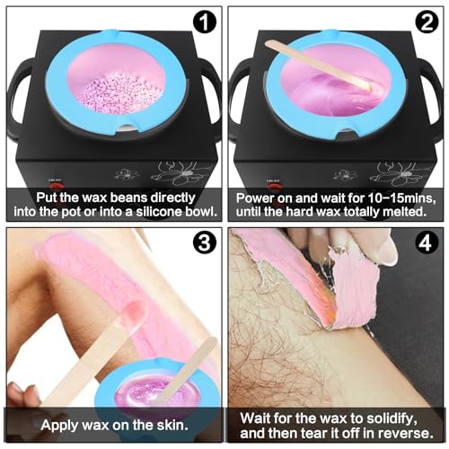 Portable Wax Warmer Machine for Painless Hair Removal, Women Men Professional Wax Heater with Adjustable Temperature Set, 20pcs Sticks, 1 Silicone Bowl (Black- Single Pot)