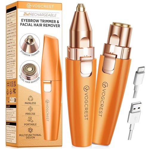 VG VOGCREST Eyebrow Facial Trimmer: 2 in1 Rechargeable Facial Hair Removal and Eyebrow Shaver - Face Lips Body Painless Facial Razor with Built-in LED Light (Orange)