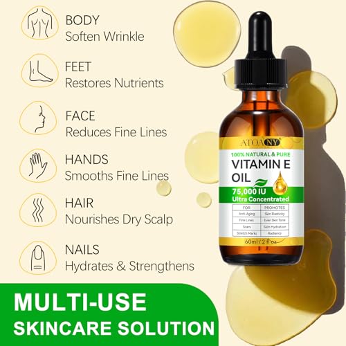 Vitamin E Oil for Skin, Scars and Face, Pure Vitamin E Oil 75,000 IU, Reduce Scars, Fine Lines, Moisturize and Radiant Skin for Whole Body, 2 Fl Oz