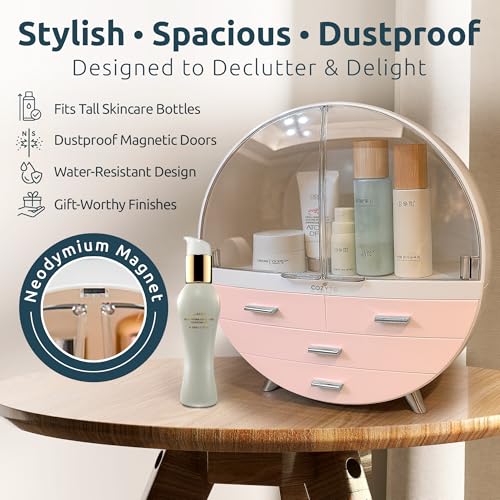 Glamora ? Luna by COZYTO ? Premium Cosmetic Organizer with Magnetic Doors Multi-Tier Skincare & Makeup Cabinet Perfume Organizer Makeup Organizer (Pearl White/Blush Pink & Silver Accents)