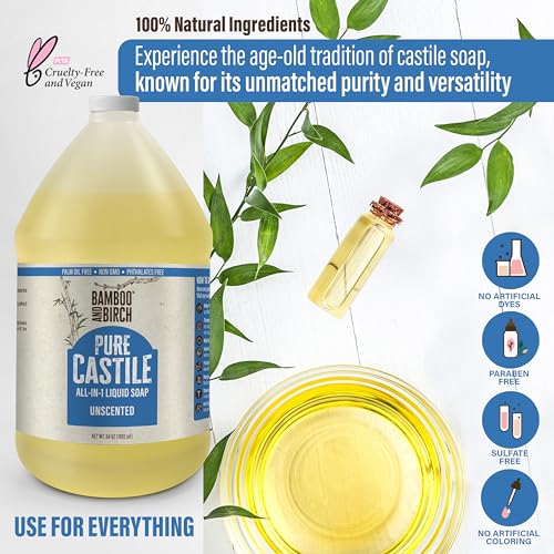 BAMBOO AND BIRCH Pure Castile Soap Liquid, Certified Palm Oil Free Natural Soap, Unscented, 1 Gallon