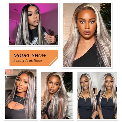 SAPPHIREWIGS Straight Synthetic Lace Front Wigs for Women Ombre Platinum Blonde Wigs with Brown Highlight Glueless 13¡¿6 Long Silky Straight Wig Pre-plucked Hairline Daily Use 26 Inches