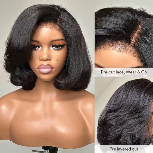 Curly Bay Hair Short Bob Yaki Side Part Layered Wavy Kinky Straight Short Bob Wig 12 Inch 180 Density Transparent HD Lace Front Wig Human Hair Pixie Cut Wig Pre Plucked with Kinky Edges