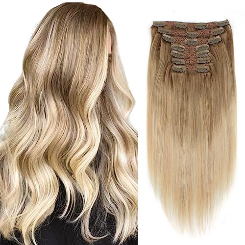 Sixstarhair Remy Hair Extensions Clip in Human Hair Balayage Hair Clip Extensions Balayage Ash Brown Fading to Dirty Blonde and Ash Blonde 140g Full Pack [B8-18-60# 20inch]