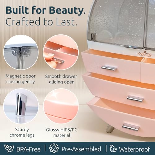 Glamora ? Luna by COZYTO ? Premium Cosmetic Organizer with Magnetic Doors Multi-Tier Skincare & Makeup Cabinet Perfume Organizer Makeup Organizer (Pearl White/Blush Pink & Silver Accents)