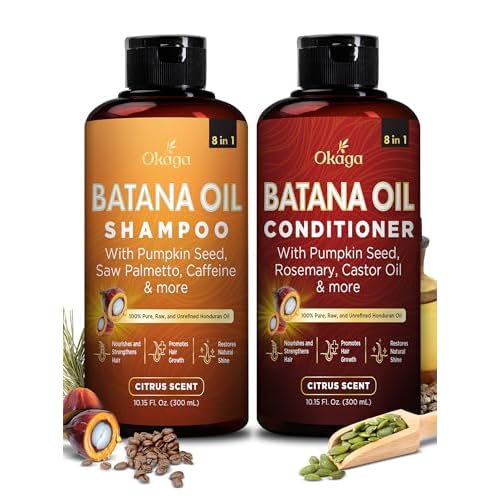 Batana Oil Shampoo & Conditioner Bundle (Okaga Shower Set) with Aloe Vera Leaf Juice, Saw Palmetto, Caffeine, Biotin, Jojoba, Pumpkin Seed, Castor, Rosemary & Hydrolyzed Rice Protein