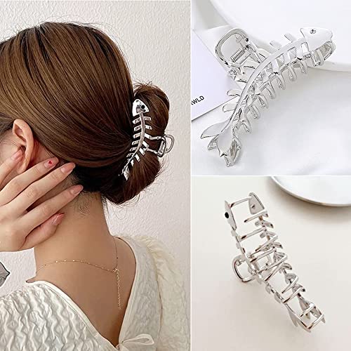 Hair Jaw Claw Clips Fish Bone Shape Large Metal Gold Fashion Nonslip Hairpin Catch Clip Accessories for Thick/Thin Hair HairStyling (Sliver)