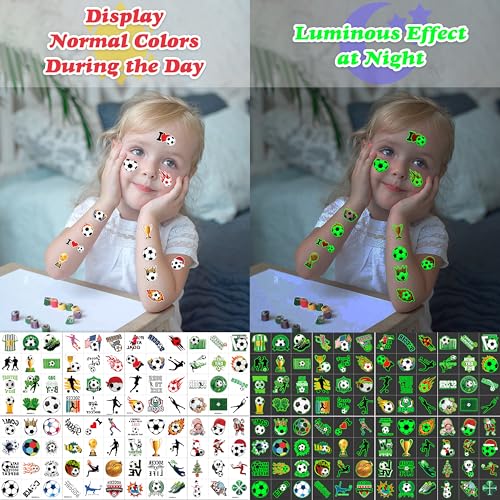 96 PCS Soccer Ball Glow In The Dark Pre-Cut Temporary Tattoos Sticker Football, Sports Themed Birthday Party Decorations Supplies Favors Europa, World Cup Cute Tattoo School Reward Game (Luminous)