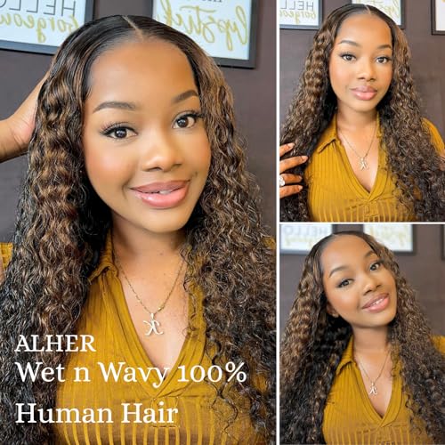 ALHER #1B/27 Highlight Black and Honey Blonde Water Wave 3 Bundles, Wet and Wavy Curly Balayage Ombre Blonde Bundles, 100% Unprocessed Virgin Remy Human Hair Soft Thick Sew In Double Weft 10 12 14 IN