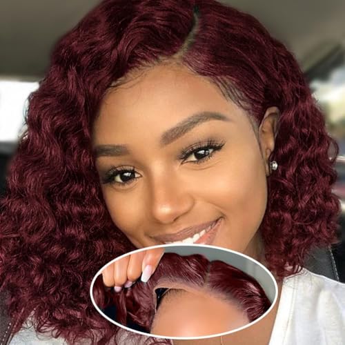 ISWEET HD Glueless Wigs Human Hair Pre Plucked Pre Cut Bob 4x4, 16 Inch Burgundy 210% Density Hairline Curly Bob Wig Human Hair, Wear and Go Deep Wave Lace Front Wigs Human Hair for Black Women
