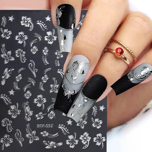 Flower Nail Stickers, Hibiscus Nail Decals 3D Self-Adhesive White Pink Gold Flower Pattern Summer Hibiscus Nail Design Manicure Tropical Accessories for Women Girls(6Sheets)